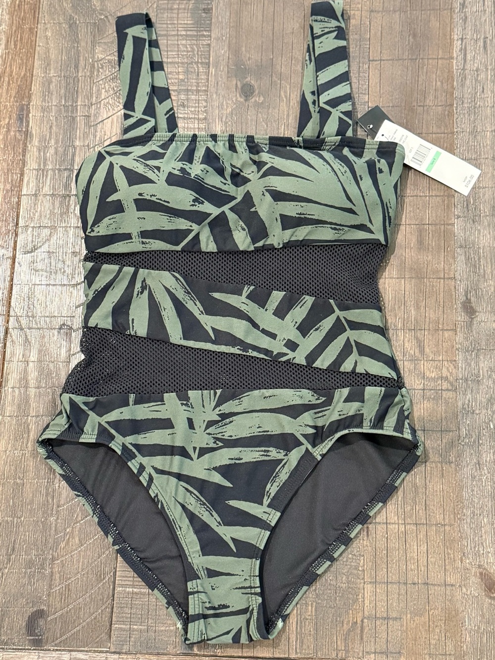 Carmen Marc Valvo Olive Leaf One-Piece Swimsuit Mesh Paneling Cutout NWT